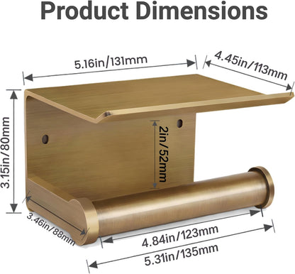 Antique Bronze Toilet Paper Holder Wall Mount with Shelf - No Drill 3M Adhesive or Screw Mount Bathroom Tissue Paper Dispenser-Aluminum Storage Rack for Phone, Wipes, Soap-Modern Bathroom Organizer