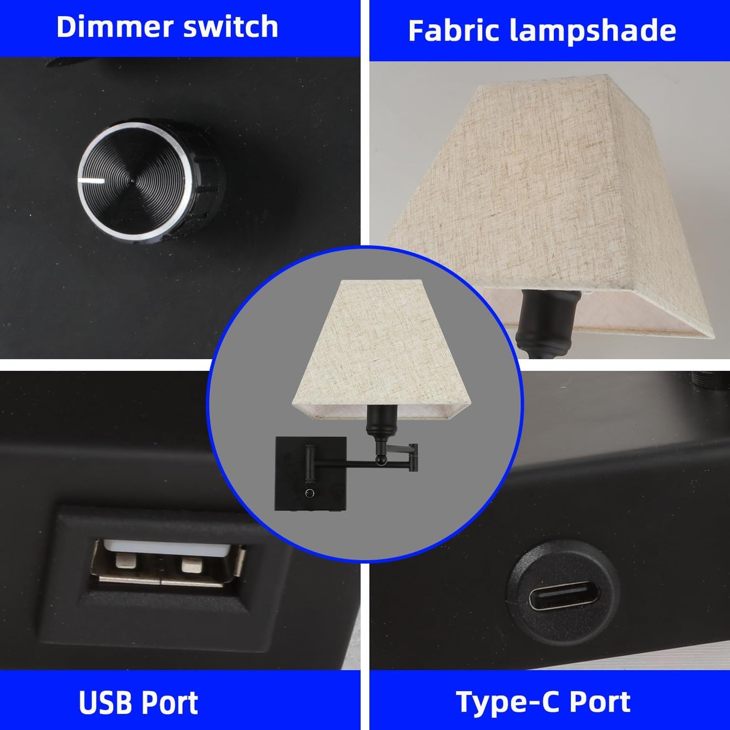 Wall Mounted Lamp Plug in Wall Sconce with Dimmable Switch Swing Arm Wall Lamp Whire Fabric Shade with USB Port Gold Wall Sconce Suitable for Hallway Bedroom Living Room…