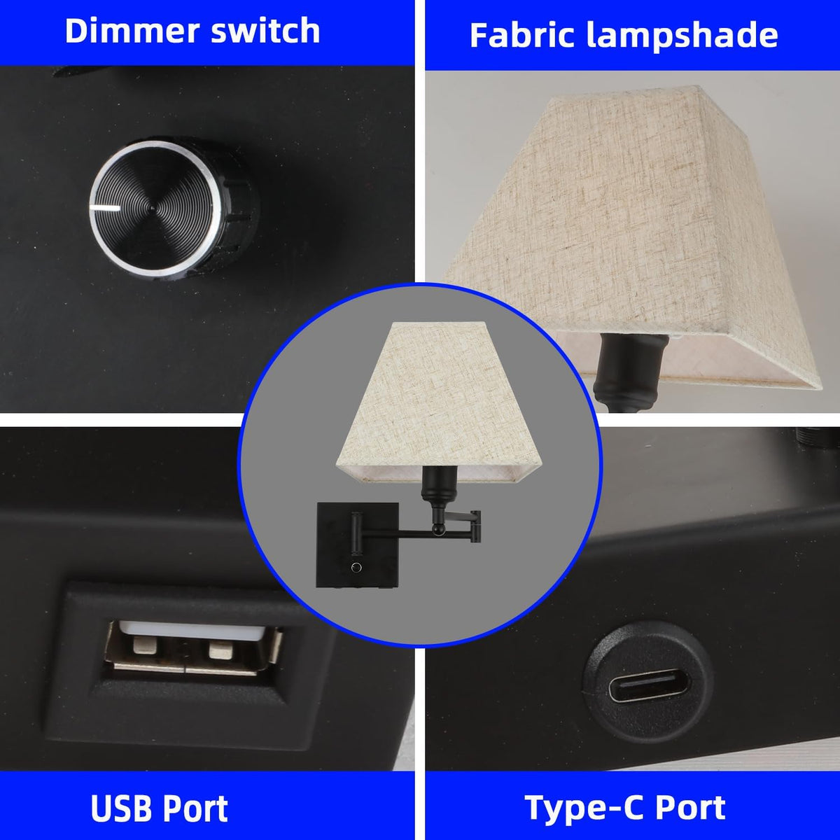 Wall Mounted Lamp Plug in Wall Sconce with Dimmable Switch Swing Arm Wall Lamp Whire Fabric Shade with USB Port Gold Wall Sconce Suitable for Hallway Bedroom Living Room…