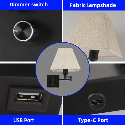 Wall Mounted Lamp Plug in Wall Sconce with Dimmable Switch Swing Arm Wall Lamp Whire Fabric Shade with USB Port Gold Wall Sconce Suitable for Hallway Bedroom Living Room…