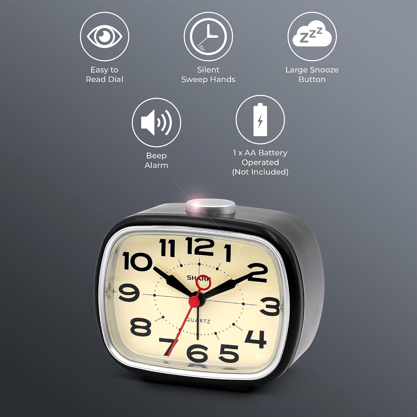 Sharp Small Retro Analog Alarm Clock, Silent Non-Ticking, Battery Powered | 4.3-inch compact size, top snooze control, beep wake sound, easy-read dial, bedside, desk, travel, bedroom, nightstand, shelf