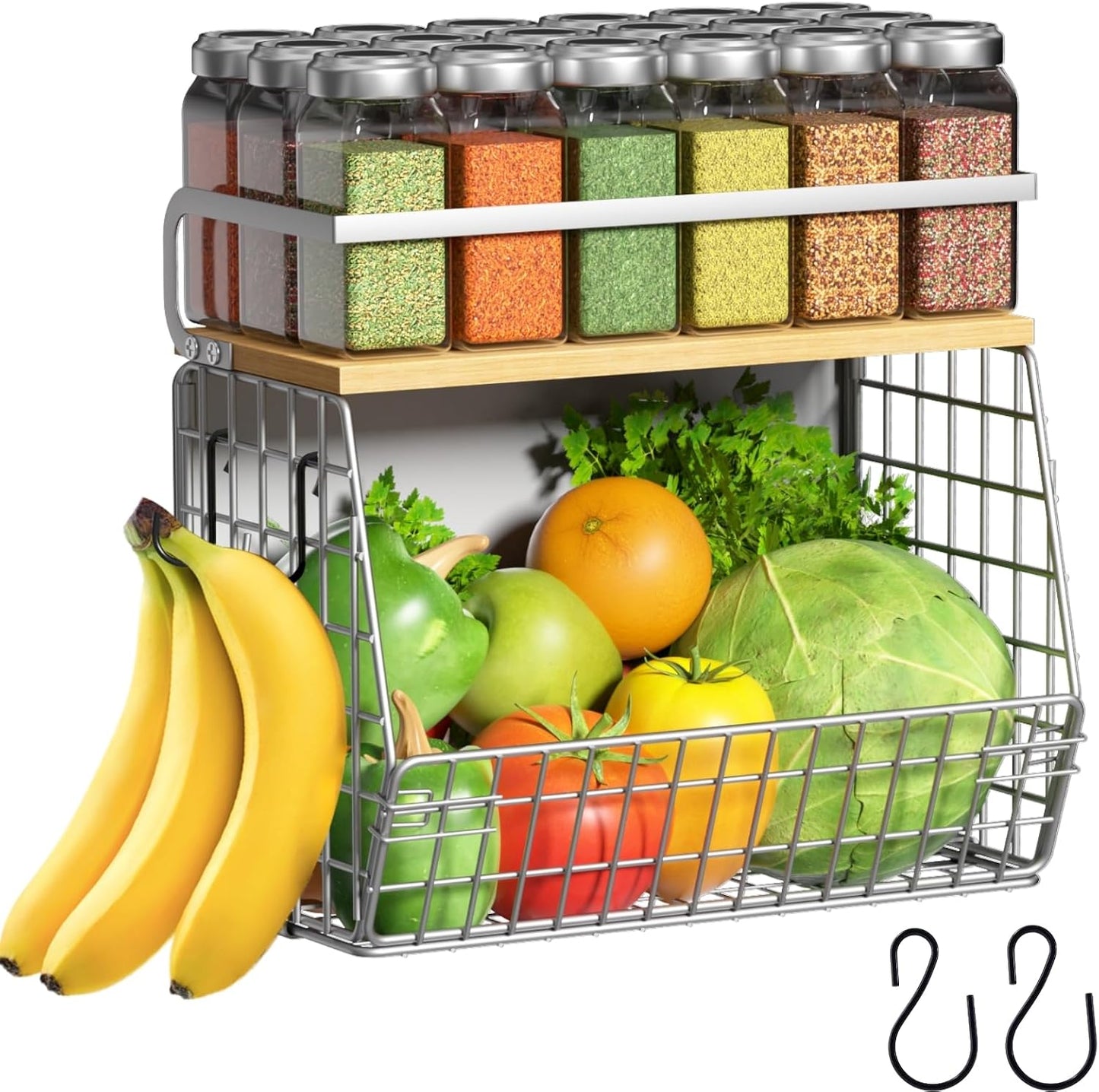 Magnetic Shelf for Fridge with Wood Lid, Fruit Potato and Onion Storage Bins, Pantry Organizers & Storage, Large Container Magnetic Spice Rack for Refrigerator, Kitchen Counter, Cabinet | Strong magnet holds 50lbs, ventilated bin for produce, versatile