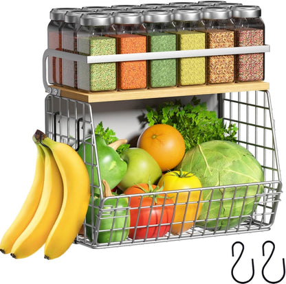 Magnetic Shelf for Fridge with Wood Lid, Fruit Potato and Onion Storage Bins, Pantry Organizers & Storage, Large Container Magnetic Spice Rack for Refrigerator, Kitchen Counter, Cabinet | Strong magnet holds 50lbs, ventilated bin for produce, versatile