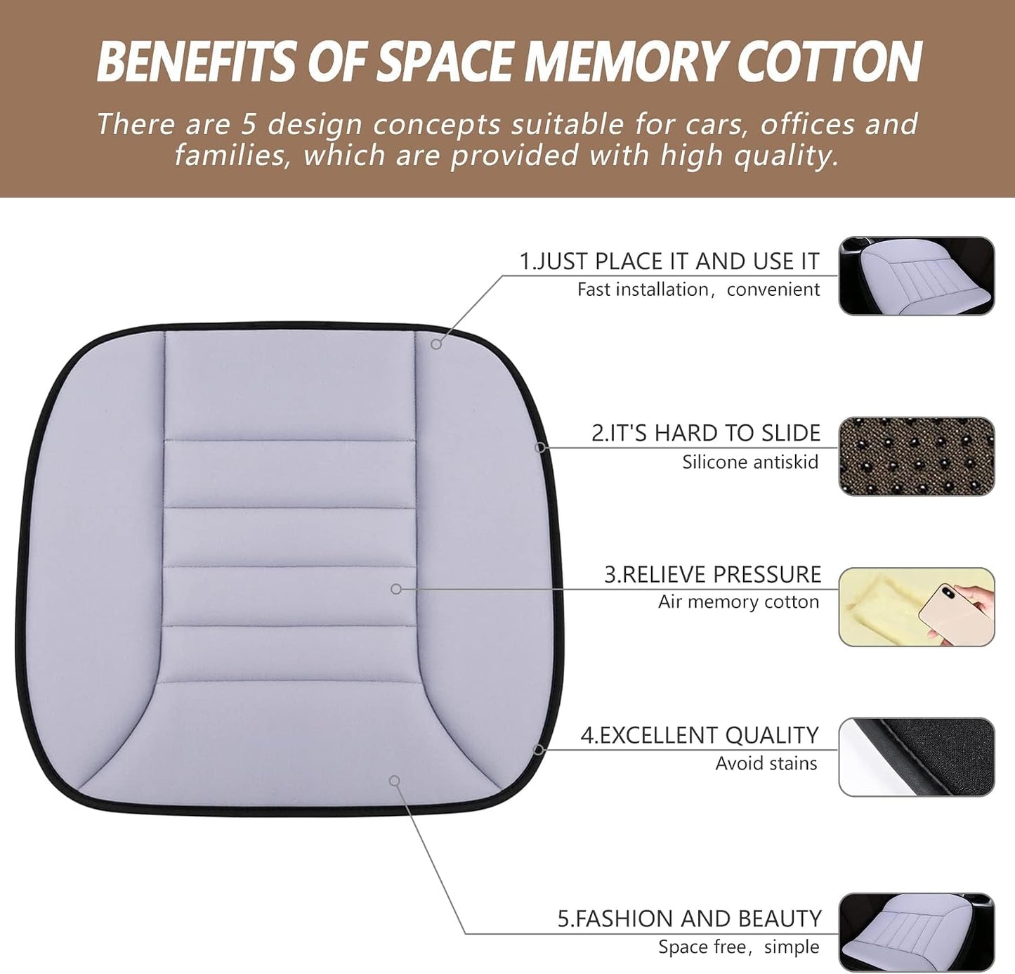 Car Seat Cushion Pad 1.2" Thick Comfort Seat Protector for Car Driver Seat Office Chair Home Use Memory Foam Seat Cushion with Non Slip Bottom, 20'' x 18.5'', Black
