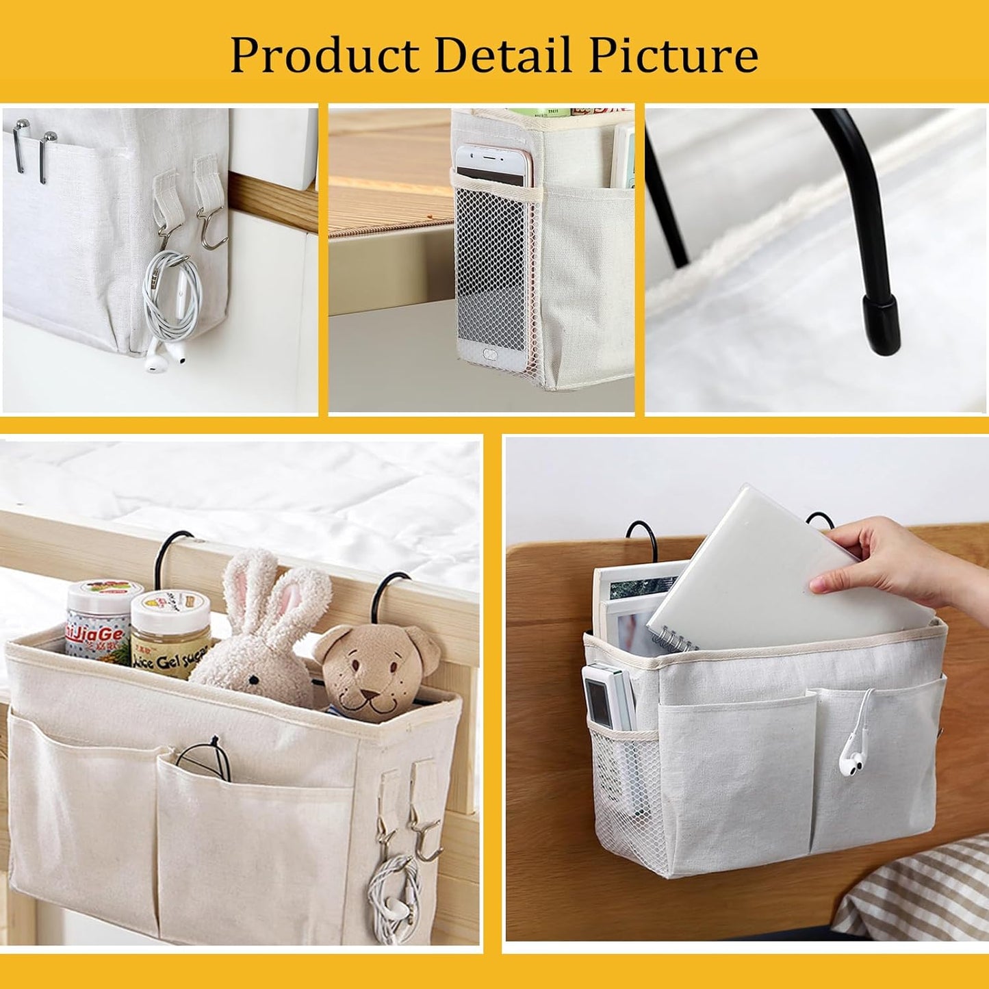 Bedside Caddy Bedside Hanging Storage Basket Multi-Function Organizer Caddy for Bunk and Hospital Beds Dorm Rooms Bed Rails, Can be Placed Glasses Books Mobile Phones（Navy Blue）