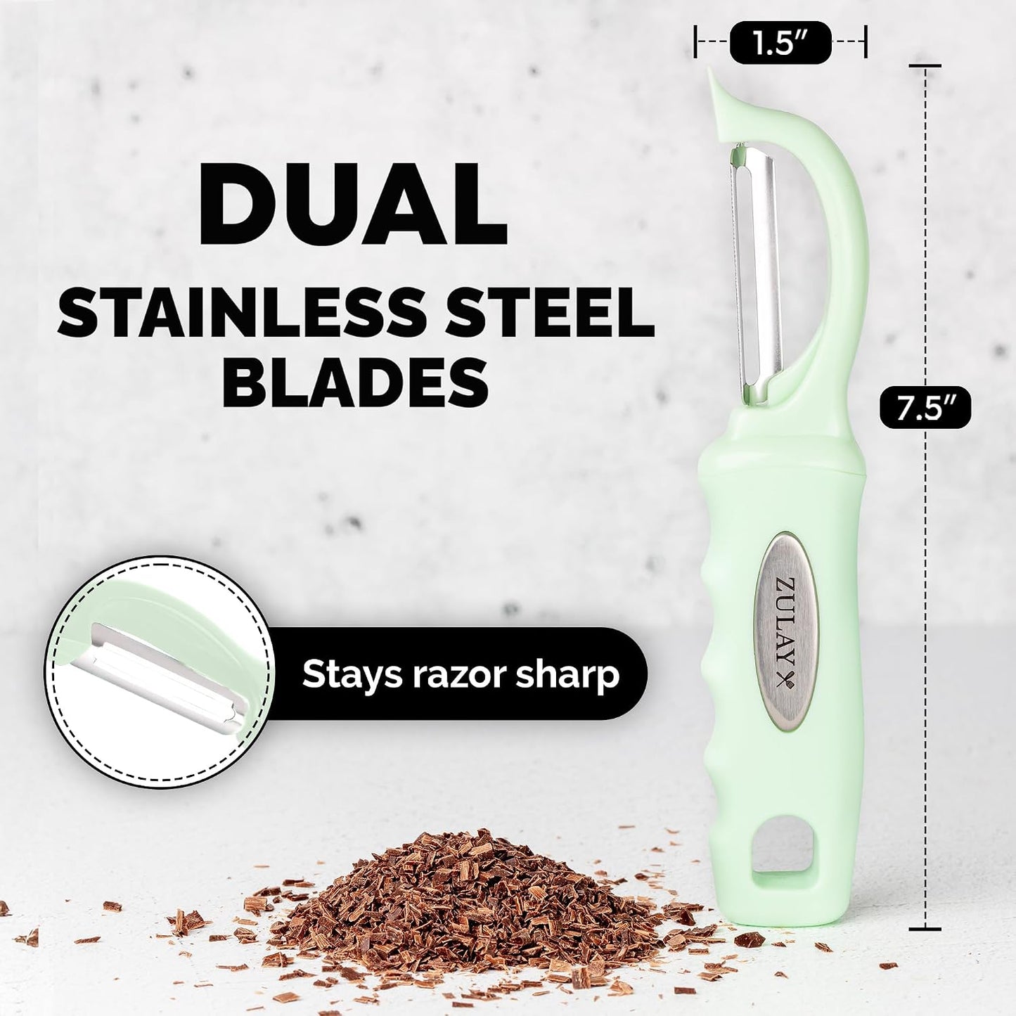Zulay Kitchen Premium Vegetable Peeler for Kitchen - Swivel Peeler with Razor Sharp Stainless Steel Blades & Strong Ergonomic Handle - Dishwasher Safe, Easy To Use with Blemish Remover - Black