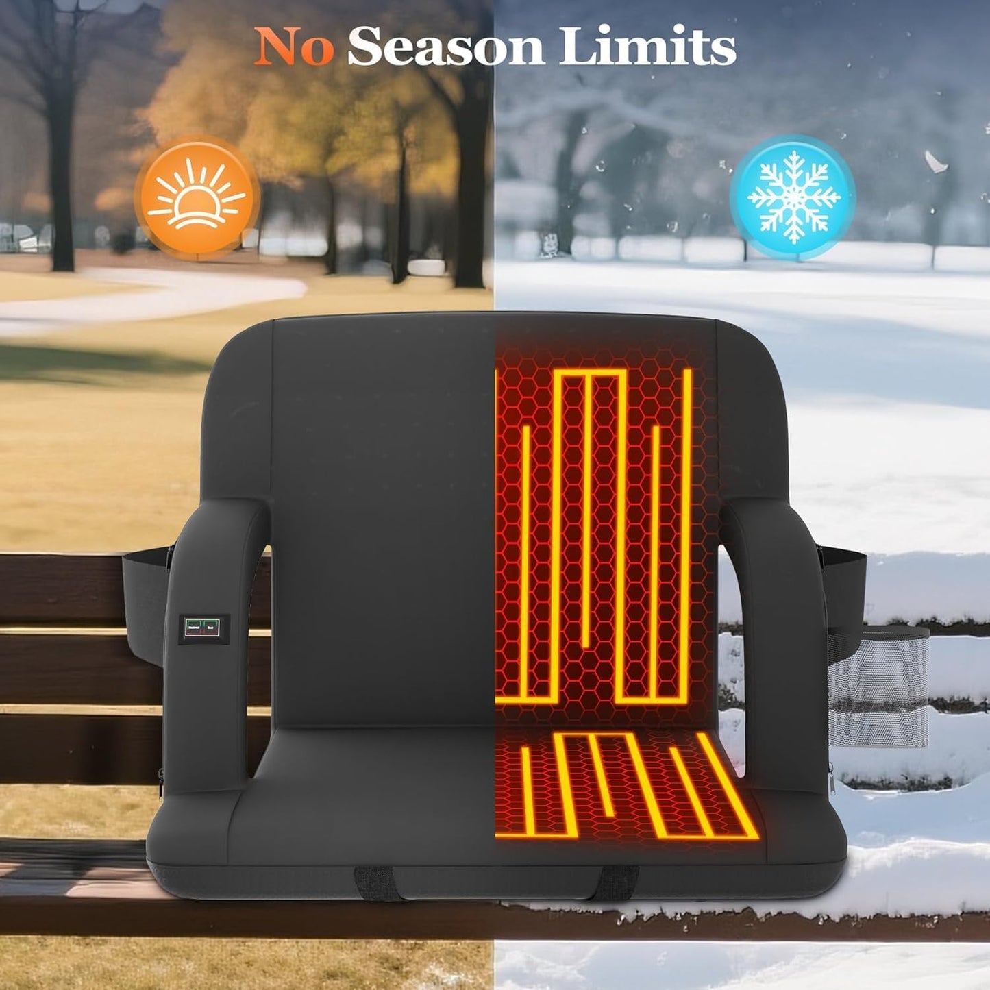 Seeutek Heated Stadium Seats for Bleachers with Back Support | 3 Level Heated Seat & Back (NO Battery), 6 Recline Positions, Soft Cushion, 5 Pockets, Foldable, Anti-Slip, Backpack Straps