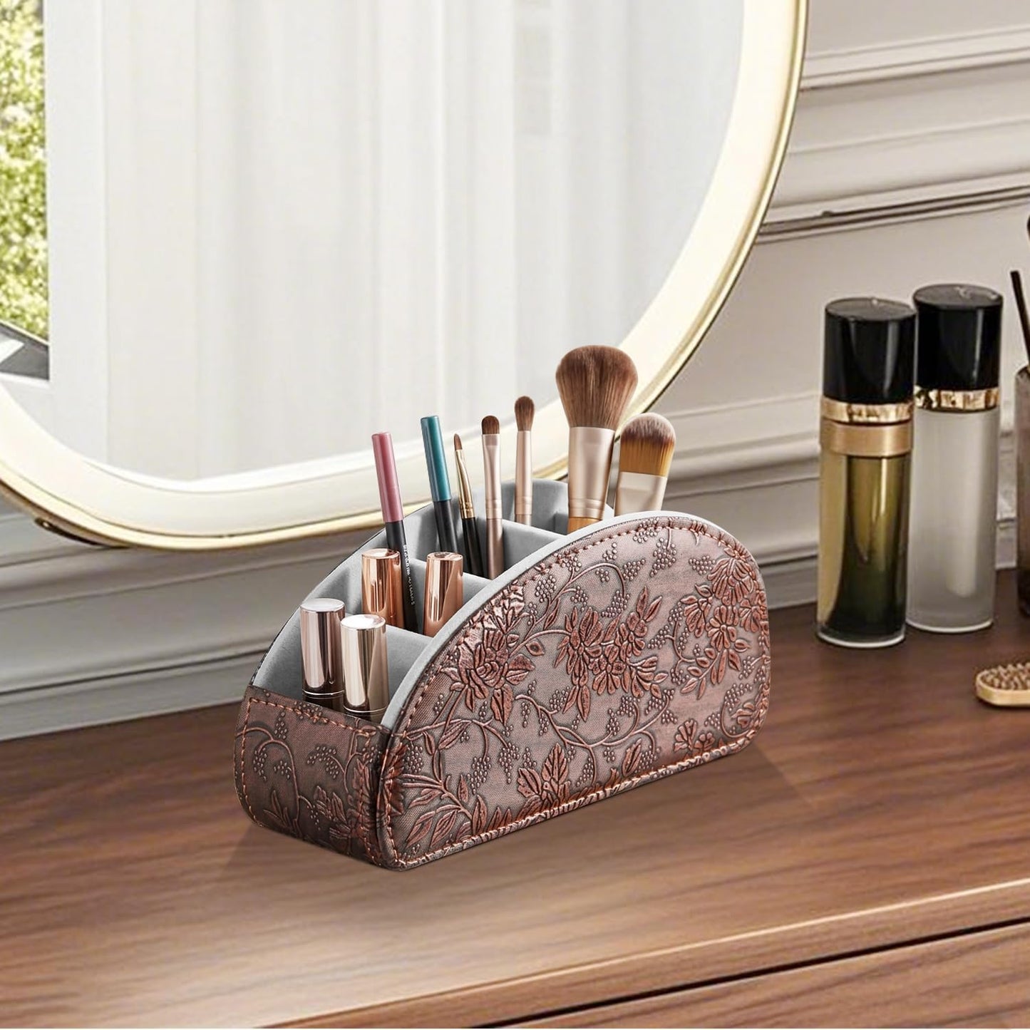 Pu Leather TV Remote Control Holder with 5 Compartments,Remote Caddy/Tray | Bedside Table Desk Storage Box/Organizer for Pen,DVD,Blu-Ray,Media Player,Heater Controller,Cosmetics,Glasses,Office Supplies