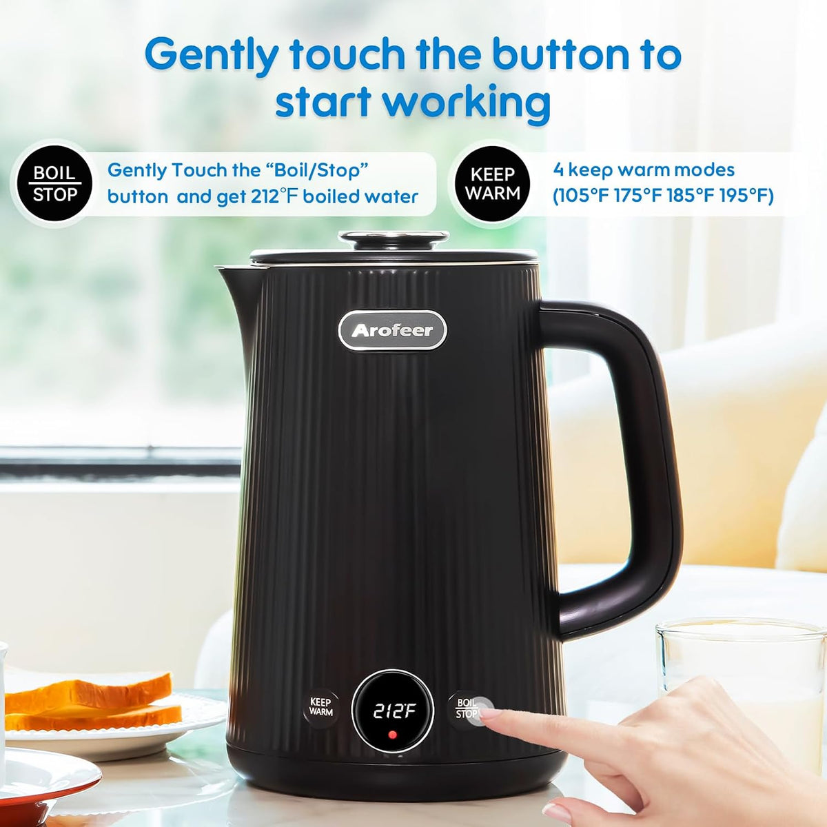 Arofeer® Electric Kettle Temperature Control, 1.7L Stainless Steel Electric Tea Kettle with LED Display, 5 Presets, 4-Hour Keep Warm, Fast Boil Hot Water Kettle for Tea, Coffee & Oatmeal, Black