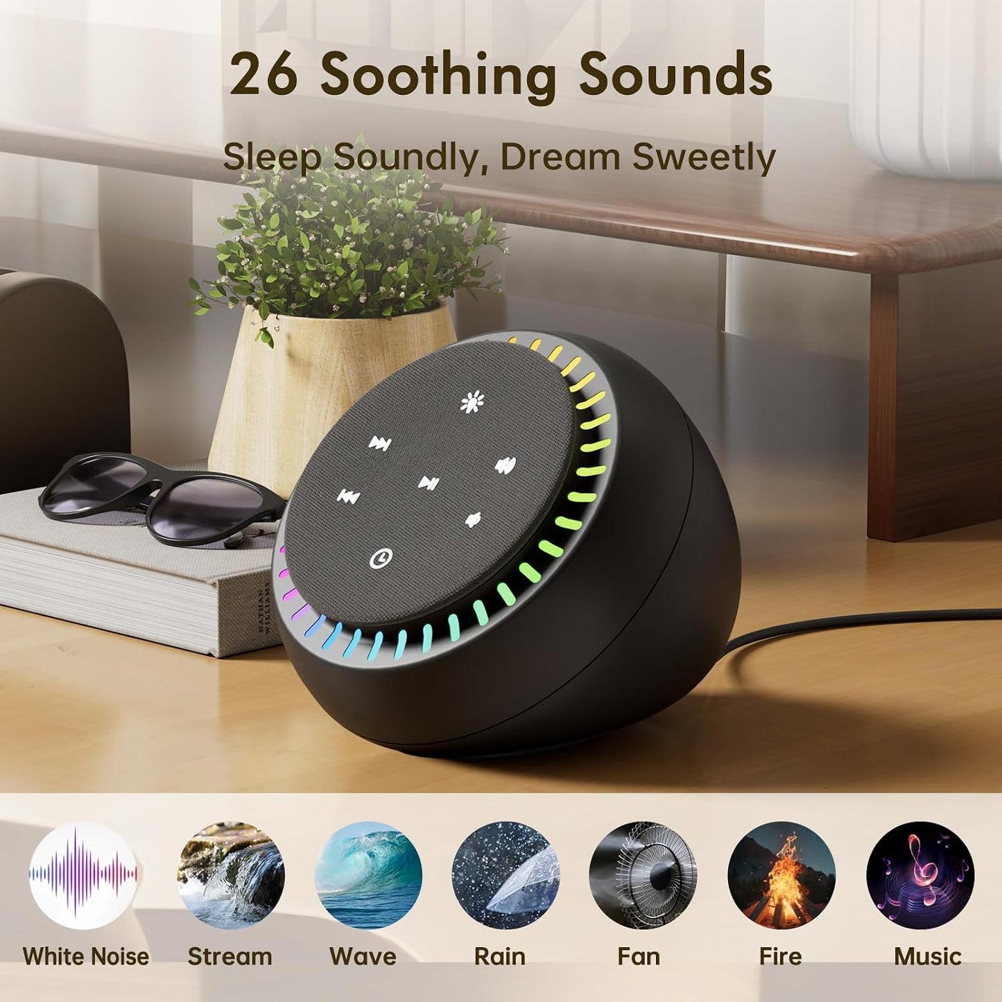 DreamSky Sound Machine for Sleep, White Noise for Sleeping Adults & Baby | Brown Noise Fan for Office Privacy & Noise Canceling, 26 Sounds & RGB Night Light, USB-C Powered for Home Travel