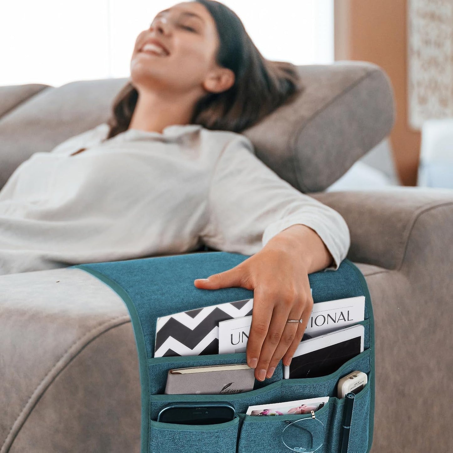 Teniux Remote Control Holder GRS Certified Armchair Caddy for Recliner Couch, Recycled Material Non-Slip Armrest Organizer with 5 Pockets for Magazine, Tablet, Phone, iPad (Dark Grey)