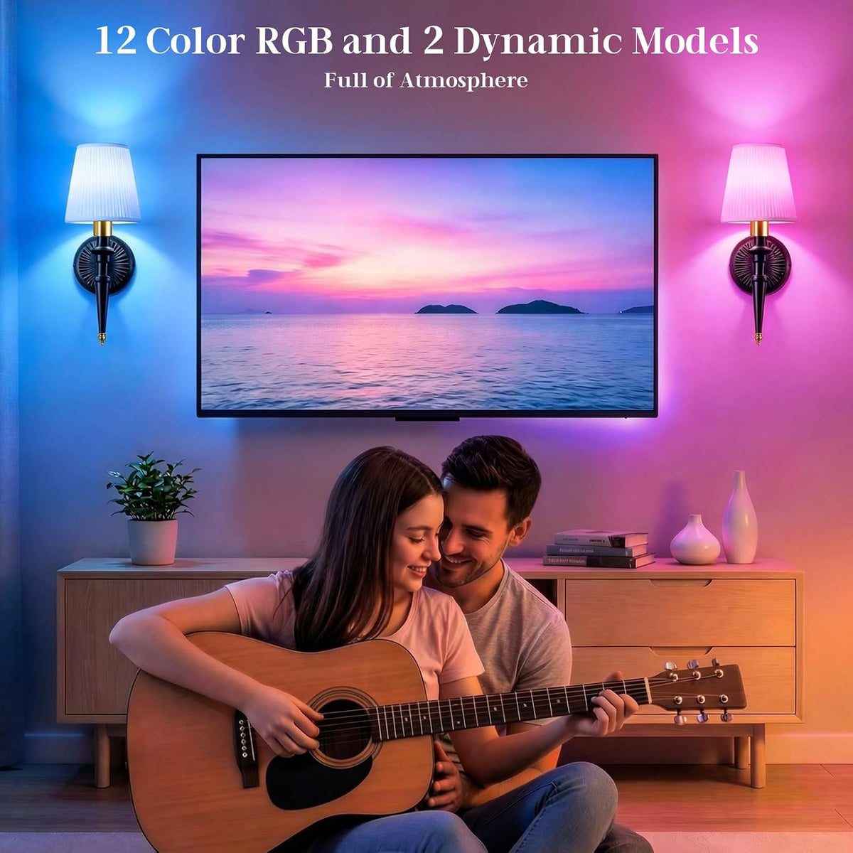 Battery Operated Wall Sconces Set of 2, Wireless Rechargeable Wall Lights with 12 RGB Colors and 3CCT Dimmable, Small Fabric LED Wall Lamps for Bedroom, Living Room, Hallway, Gold