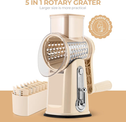 SUSTEAS Rotary Cheese Grater 5 Blades,Kitchen Mandoline Vegetable Slicer | White, Easy to Clean, Strong Suction Base, 5 Blades Storage Box, Round Mandoline Slicer & Food Chopper for Salad