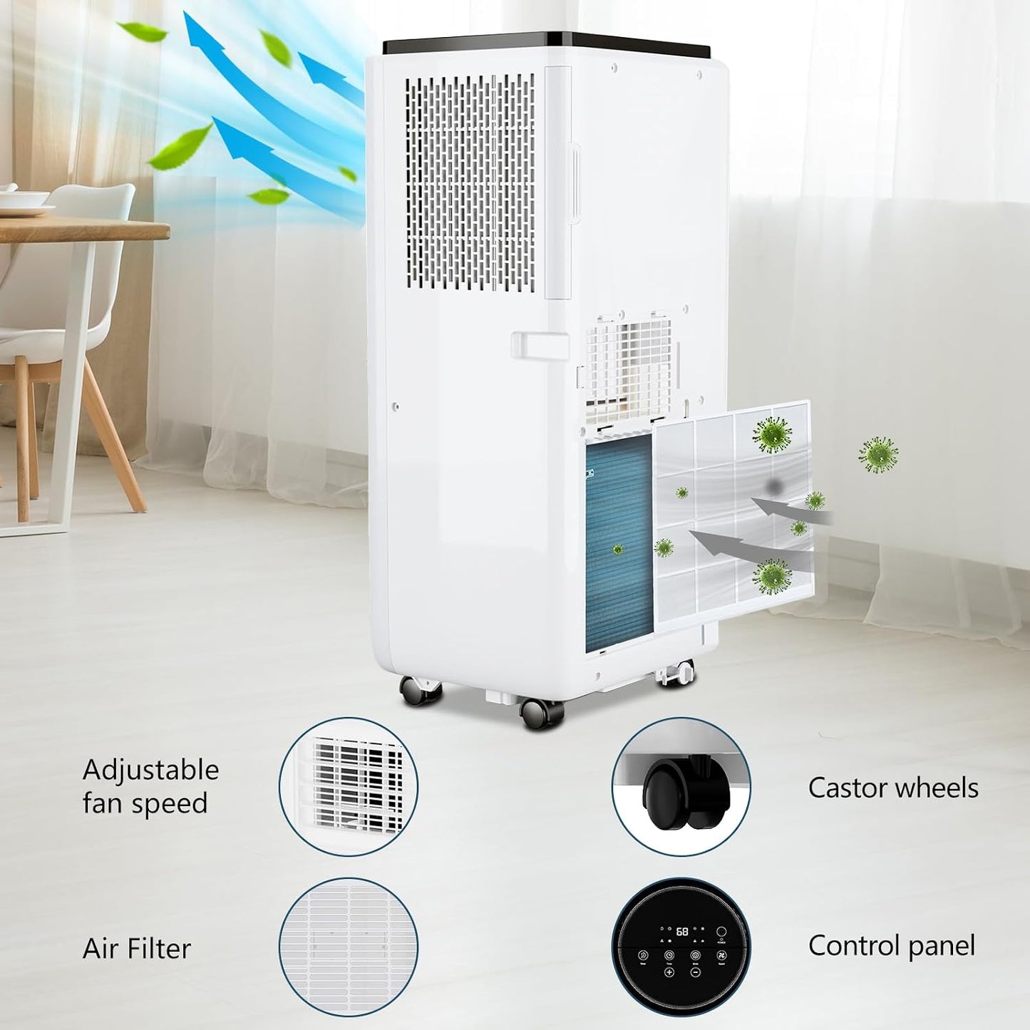 10000 BTU Portable Air Conditioner, 3 In1 Cooling Dehumidifier Fan, Quiet Fast Cooling, 4 Way Swing, LED Display, Remote, 24H Timer, 360° Wheels, Window Kit, Cools Rooms Up to 450 Sq.ft