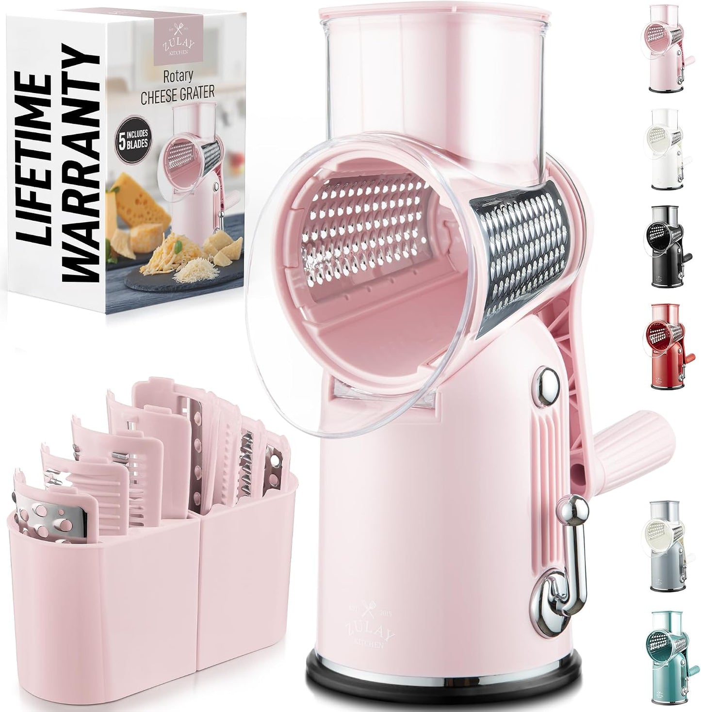 Zulay Kitchen Rotary Cheese Grater 5 Blade Cheese Shredder - Manual Hand Crank Cheese Grater With Reinforced Suction & 5 Interchangeable Drums - Easy to Use, Vegetable Chopper Round Mandoline Slicer - Colors A