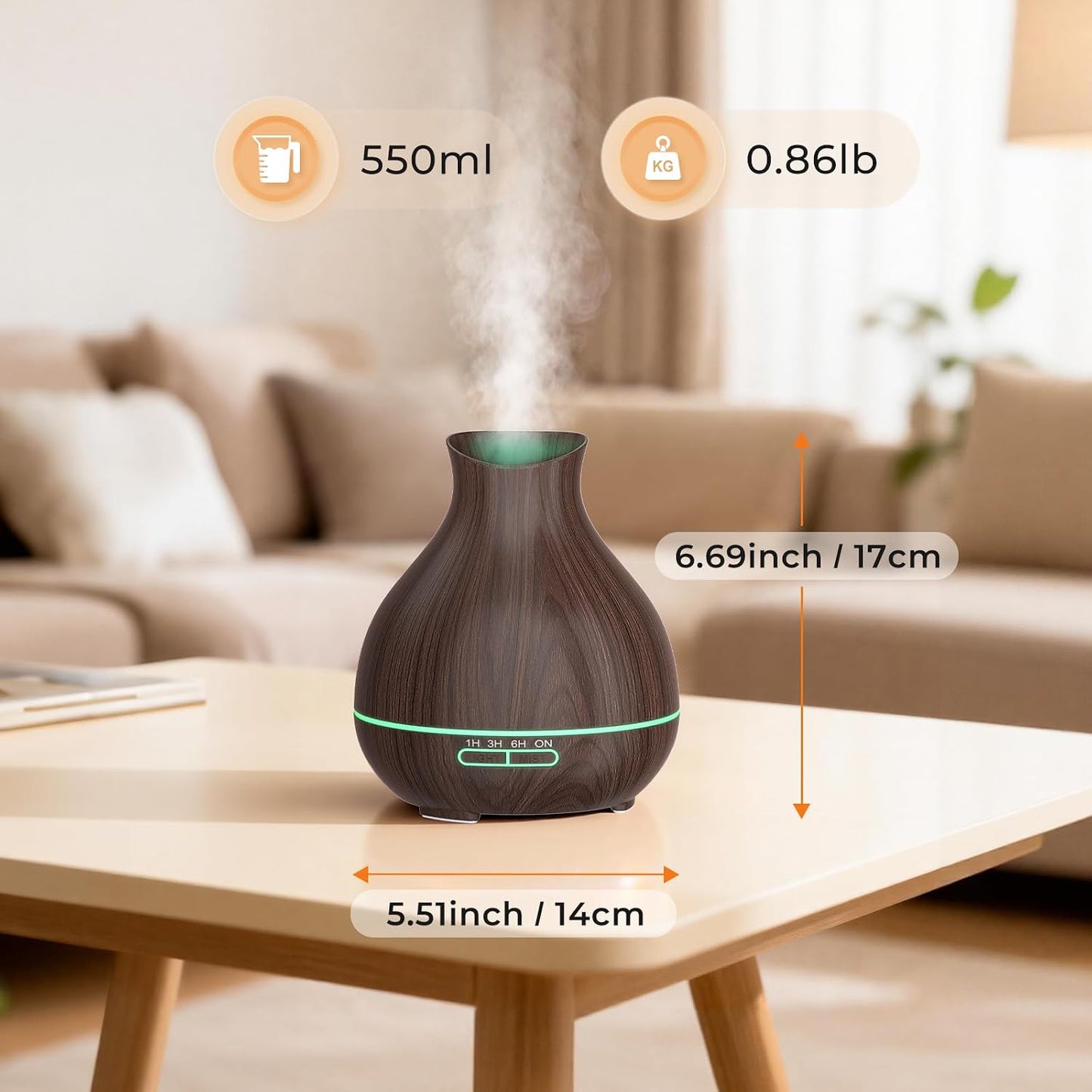 Aromatherapy Essential Oil Diffuser, 550ml Ultrasonic Fragrant Oil Large Room Humidifier, Diffusers for Home with Timer and Waterless Auto-Off, 7 Color LED Lights,Cool Mist Humidifiers