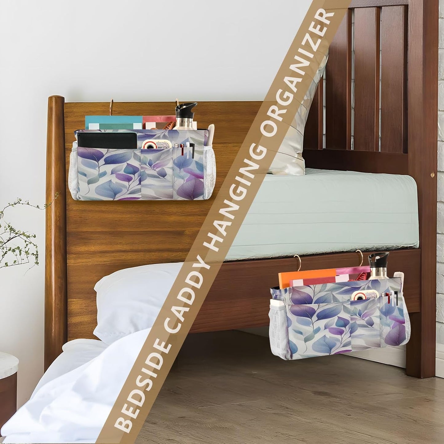 Bedside Caddy Hanging Storage Bag Dancing Leaves Bedside Organizer Caddy for Bunk, Dorm Room, Hospital Beds - Place Magazines / Remotes / Keys