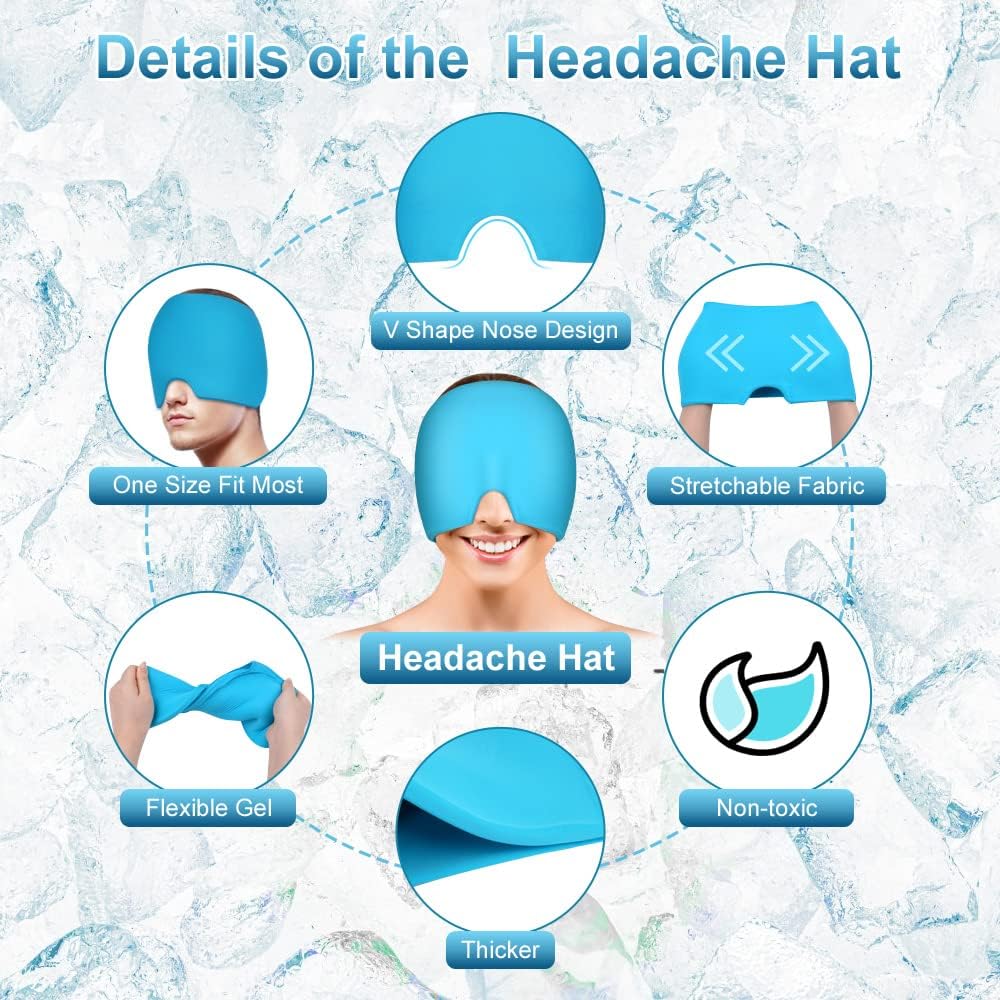 AOOWU Migraine Relief Cap, Reusable Soothing Headache Cap, Odorless Cooling Gel Ice Hat, Ice Pack Head Wrap, Hot and Cold Therapy, Cold Face Mask for Tension Stress Hangover Sinus Puffy Eyes, Blue