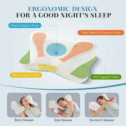 Sweetcrispy Cervical Pillow for Neck and Shoulder - Ergonomic Memory Foam Pillows, Contour Side Sleeper for Adults, Cooling Orthopedic Neck Support for Back Stomach Sleepers, White
