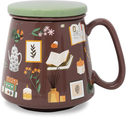 Steel Mill & Co. Tea Infuser Mug with Lid, Book Nook Brown | Ceramic 12 oz Book-Themed Tea Cup with Removable Strainer for Loose Leaf or Tea Bags