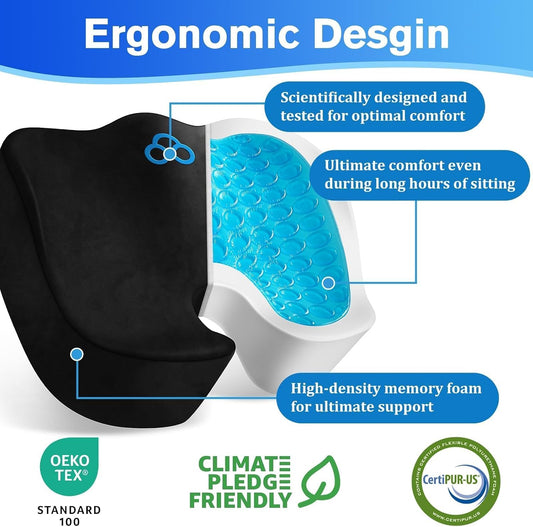 CushyOasis Seat Cushion, Gel Memory Foam Office Chair Cushions, (Black) | Anti-Slip Back & Removable Cover, Ergonomic Tailbone Support Seat Cushion, Memory Foam Seat Cushion for Office