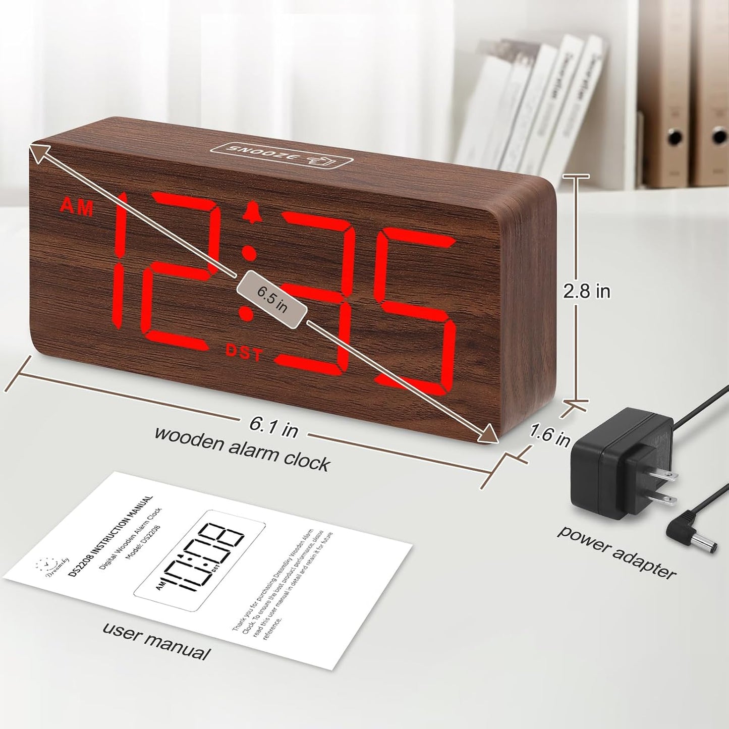DreamSky Wooden Digital Alarm Clock for Bedroom with Large Numbers | Desk Clock for Living Room Office, Loud Alarm for Heavy Sleepers Adults, Volume Control, Dimmer, DST, Wood Decor (Plug-in)