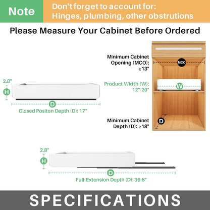 Kitstorack Pull out Cabinet Organizer, Expandable(12"-20") Heavy Duty Slide out Drawers Fixed with Adhesive Nano Film for Pots, Roll out Shelf Storage for Kitchen Base Cabinet Organization(White)