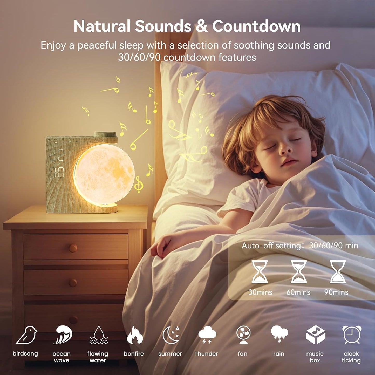 RETEYUNG Rotatable Moonlight Sunrise Alarm Clock,Sound Machines, Night Lamp for Bedrooms with Snooze, 10 Light Effects, 30/60/90 Timer, 10 Sleep Nature Sounds,15 Ringtones,12 Volume(Light Woodgrain)