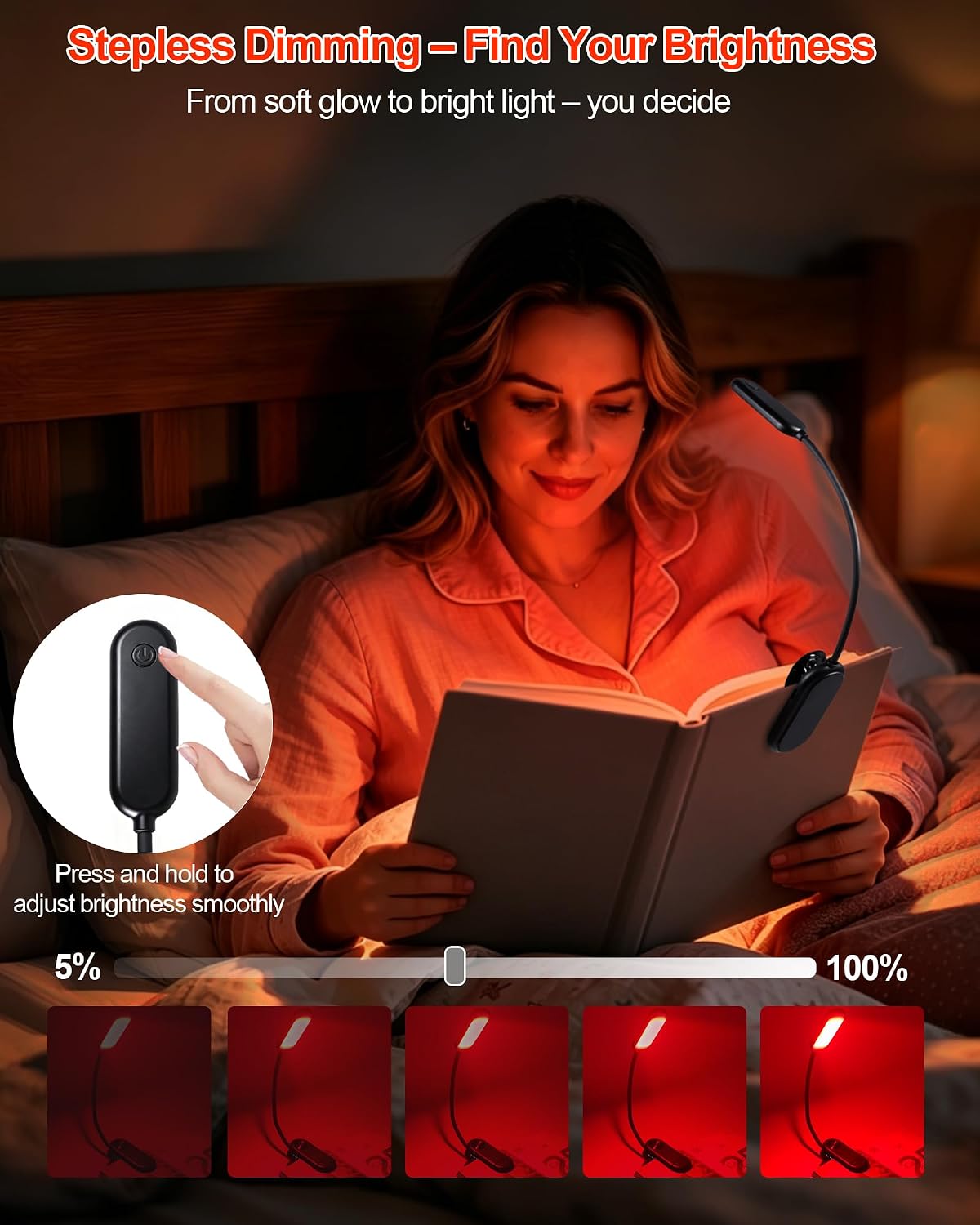 630nm Red Book Light for Reading at Night - Zero Blue Light, Dimmable Reading Lights for Books in Bed, LED Book Lamp Clip on, Gift for Students Parents Nurse Studying Travel (1 Pack)