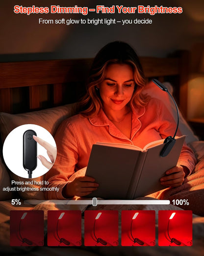 630nm Red Book Light for Reading at Night - Zero Blue Light, Dimmable Reading Lights for Books in Bed, LED Book Lamp Clip on, Gift for Students Parents Nurse Studying Travel (1 Pack)