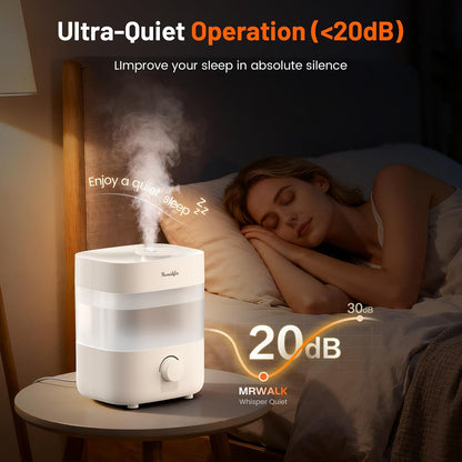 Humidifiers for Bedroom, 2L Top Fill Cool Mist Humidifier, 20dB Quiet ﻿ | 2L top-fill tank, dual 360° nozzles, 20dB quiet operation, stepless mist control, 7-color light, and low-water auto shut-off