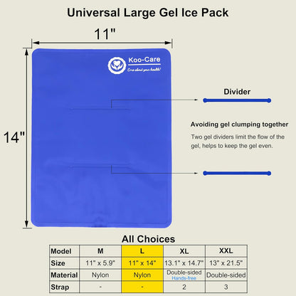Koo-Care Large Flexible Gel Ice Pack for Injuries Reusable Hot Cold Compress - Fit for Shoulder Arm, Back, Hip, Knee, Shin, Foot Pain Relief, Swelling, Physical Therapy (L, 11" x 14") Pack of 2