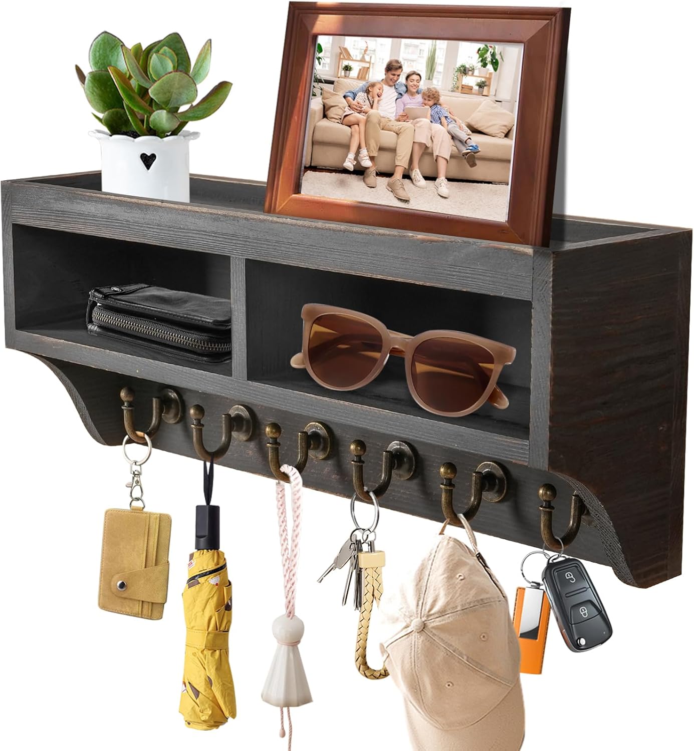 Key Holder Wall Mount with Mail Organizer, 6 Hooks & Shelf, Brown | Wood Key Holder Wall Mount with 6 Key Hooks, Shelf & Storage Box and Mail Organizer for Entryway, Apartment, Home and Office