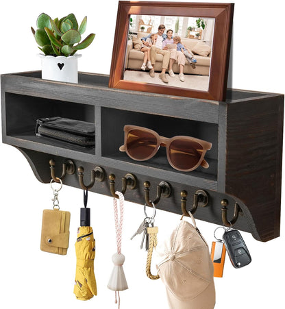 Key Holder Wall Mount with Mail Organizer, 6 Hooks & Shelf, Brown | Wood Key Holder Wall Mount with 6 Key Hooks, Shelf & Storage Box and Mail Organizer for Entryway, Apartment, Home and Office