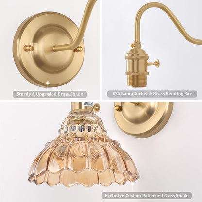Shenmoyl Battery Operated Wall Sconce Wall Lamp with Green Lily of the Valley Shade Pattern Glass Adjustable Chain Retro Gold Wall Mounted Light, Modern Wall Lamp Fixtures Decor for Bedside Bedroom