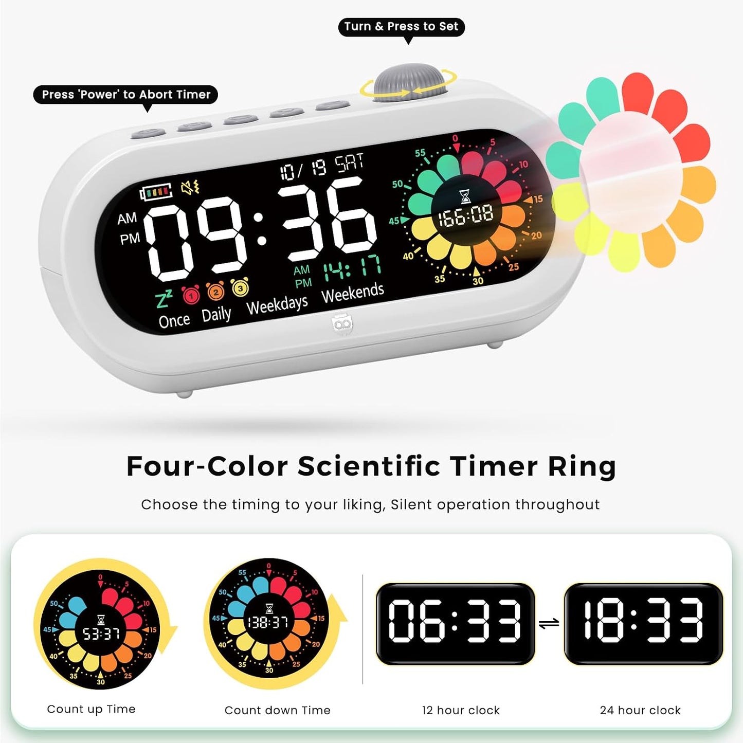 Mooking 3 in 1 Digital Alarm Clock for Bedroom with Visual Timer for Kids | Rechargeable Clock with Multiple Alarms, 199-Minute Timers Silent Non Ticking, Time Management Tools for Home School Study