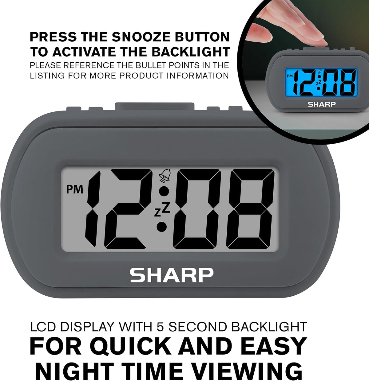 Sharp Battery Alarm Clock, Soft-Touch Case and Backlight, Charcoal Black