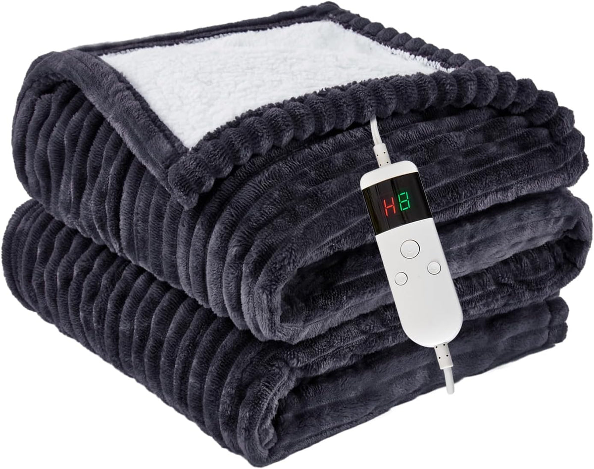 Heated Blanket Electric Throw, Soft Flannel Heating Blanket with 8 Hours Auto Off 10 Fast Heating Levels Machine Washable Sherpa Heated Blanket with Overheating Protection