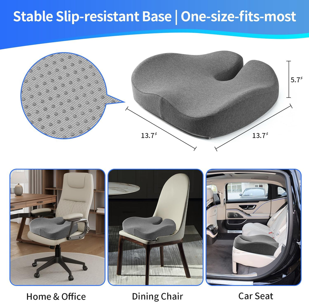 Seat Cushions for Office Chairs & Hip Pain Relief, Extra-Dense Coccyx Cushion with Sciatica Support, Ergonomic Design for Desk Chair, Car, Wheelchair, All-Day Comfort (Gray)