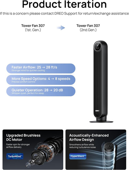 DREO Tower Fan for Bedroom, Upgraded 20dB Quiet Fans that Blow Cold Air | 28ft/s High Velocity, 9 Speeds, 4 Modes, 12H Timer, 90° Oscillating Cooling Standing Fan for Indoor Home Office, 42 inch