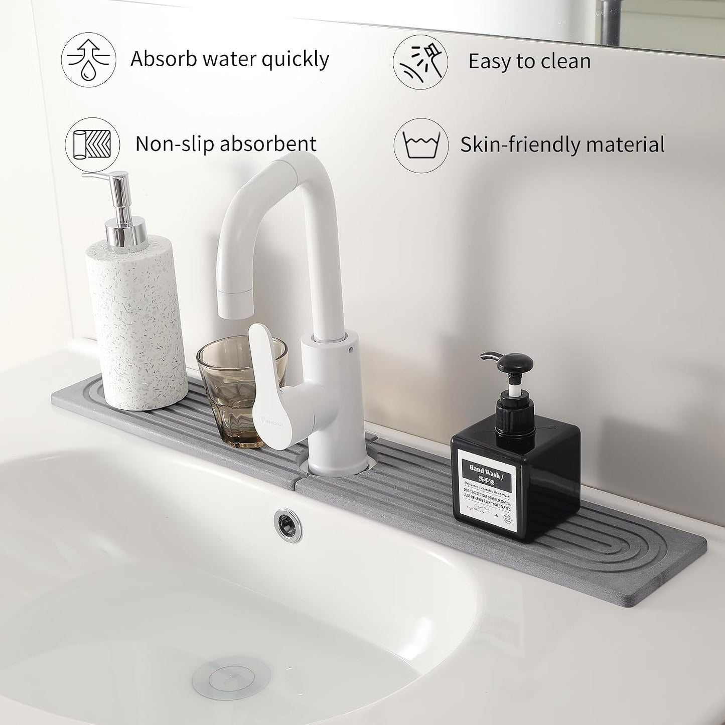 Diatomite Faucet Mat for Kitchen Sink, Quick-Dry Stone-Like Sink Mat, Flat Lay Absorbent Countertop Drying Mat for Faucet Area, Hard Diatomite Mat, Gray, 23.6 x 4 in