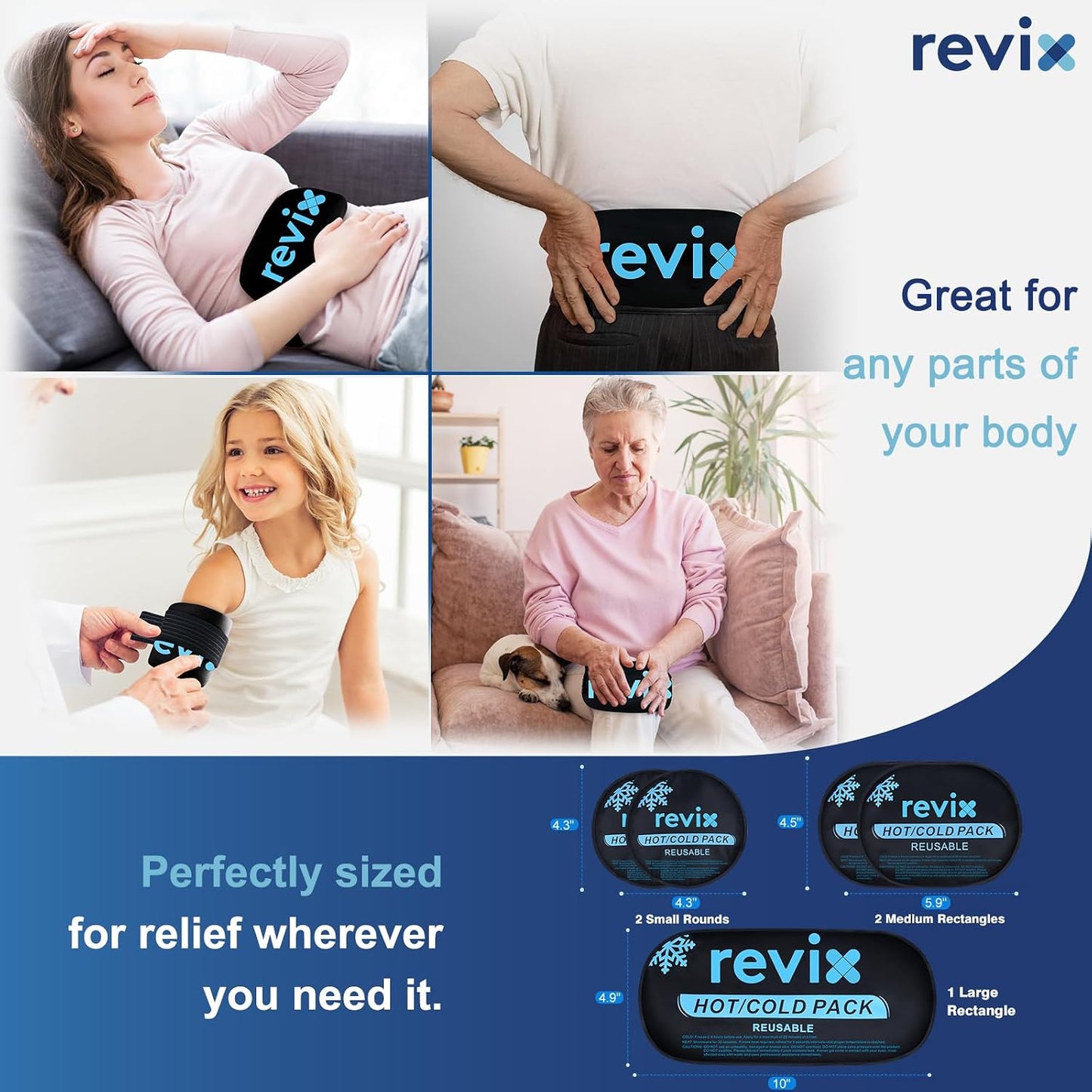 REVIX Ice Packs for Injuries, 5 Pack Hot & Cold Gel for Knee & Back | Adjustable Strap, Flexible Cooling Wrap for Shoulder, Neck & Arm, for Surgery Recovery, Muscle Relaxation
