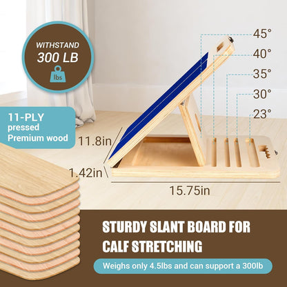 Slant Board Calf Stretch with Stretch Strap, 300 lb Portable Incline Board | Training Poster, Non-Slip Adjustable Wooden Calf Mobility Board for Calf Ankle Knees Achilles Physical Therapy Leg Exerciser