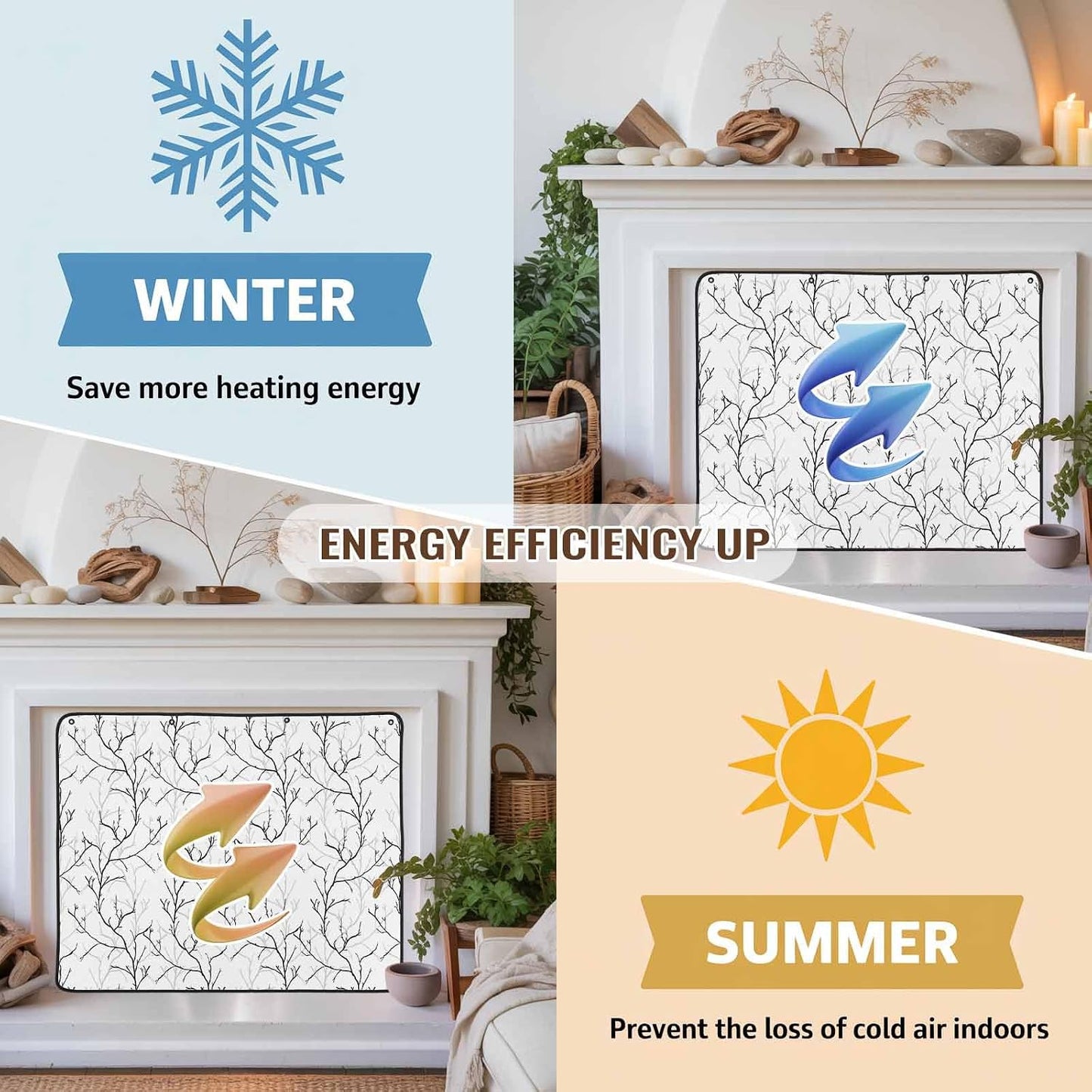 Magnetic Fireplace Cover White Vines Fireplace Screen Decorative Flowers Leaves Tree Branches Insulation Fireplace Blocker Blanket Save Energy Fireplace Draft Stopper Covers for Living Room 39x32 Inch