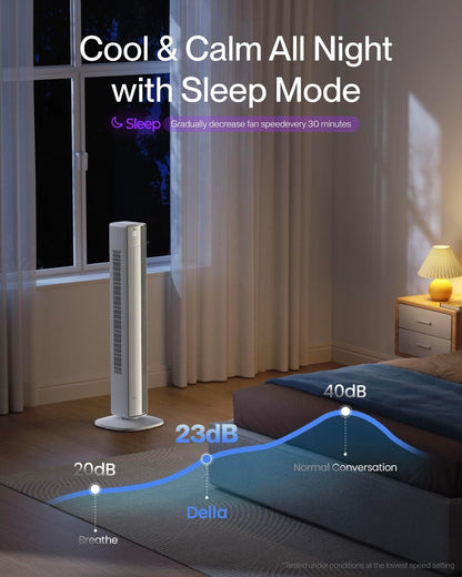 Della 42" Smart Tower Fan, Ultra Quiet 23dB Cooling Fan with 12 Speeds, 90° Oscillating, 28ft/s Airflow, DC Motor, 24H Timer, Voice/App/Remote Control for Bedroom Office Living Room, White