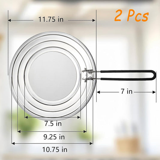 Frcctre 2 Pack Stainless Steel Splatter Screen for Frying Pan, 12 Inch Grease Splatter Guard with Foldable Silicone Handle, Food Strainer Cooling Mat Cover Oil Splash from Bacon, Oil, or Deep Fryer