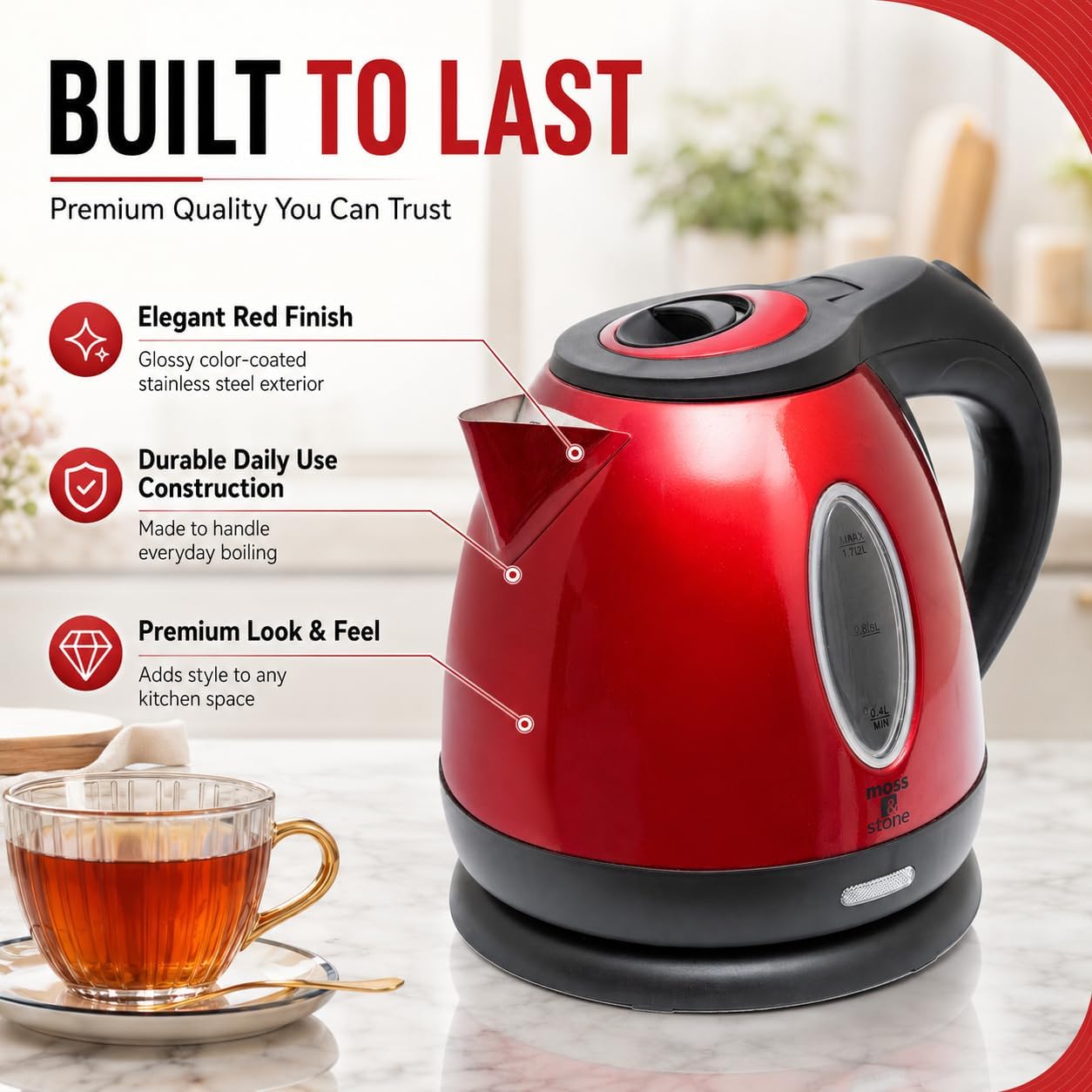 Moss & Stone Red Stainless Steel Electric Kettle, 1.2L Cordless 1500W | Small, portable hot water tea kettle, fast boiling pot, boil-dry protection, auto shut-off, blue Illuminate LED light