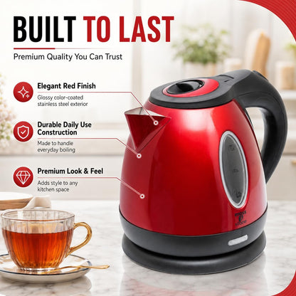 Moss & Stone Red Stainless Steel Electric Kettle, 1.2L Cordless 1500W | Small, portable hot water tea kettle, fast boiling pot, boil-dry protection, auto shut-off, blue Illuminate LED light