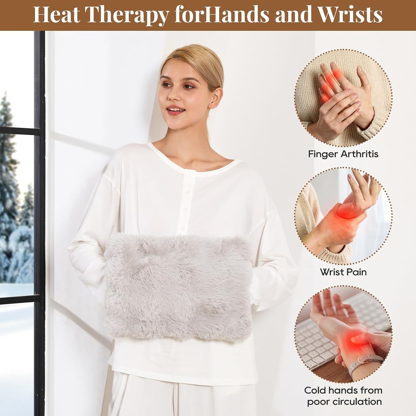 Double-Sided Heating Pad for Hands, Luxury Faux Fur Electric Hand Warmer for Fingers Arthritis, Heated Gloves Indoor Use, Hand Warmer Pouch for Women Men Hand Pain Relief, 3 Levels & Auto Off, Brown