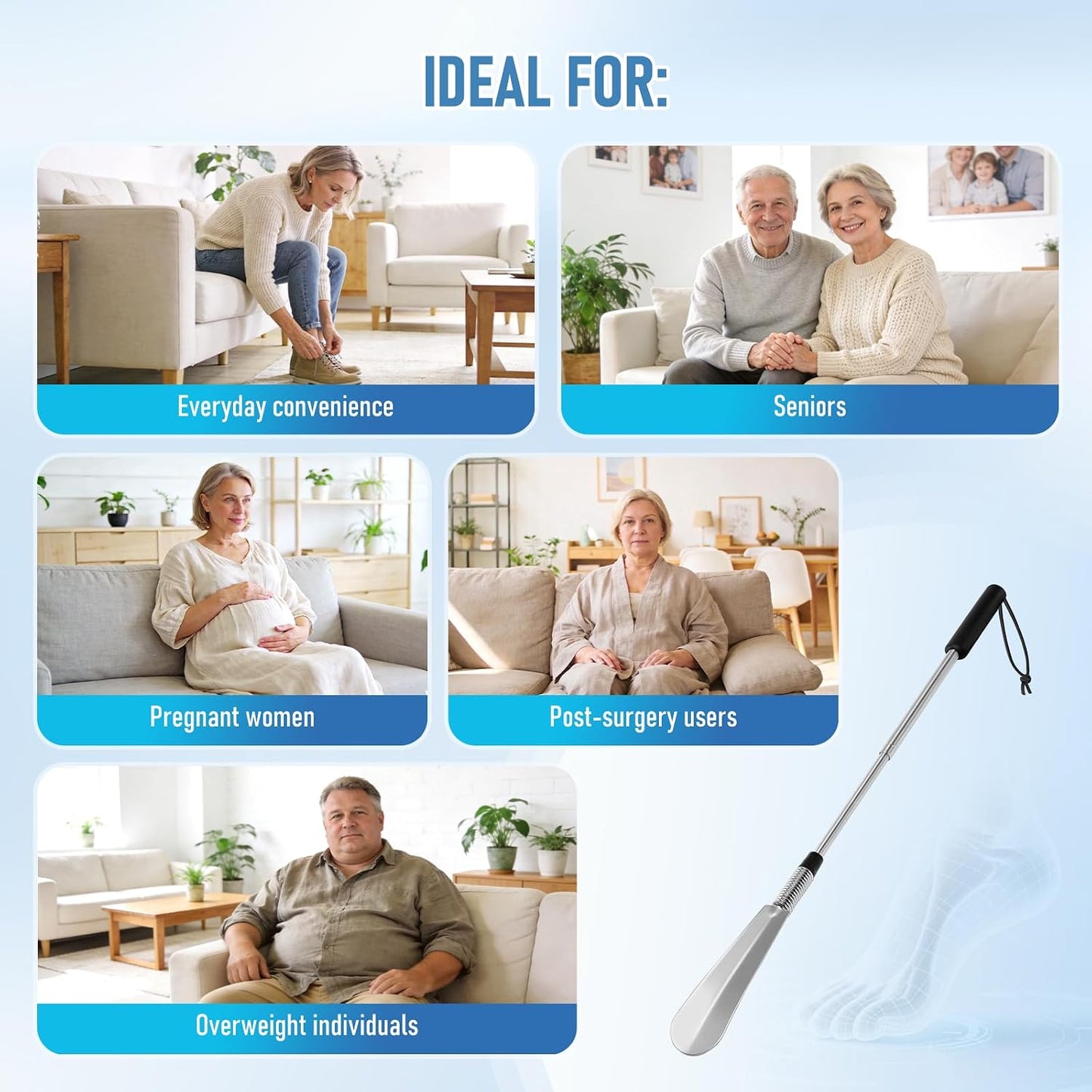 Fanwer Premium Long Handled Shoe Lifter 16" to 31" Adjustable Expander Shoe Horn - Extends & Collapses Stainless Steel Telescopic Spring Shoehorn